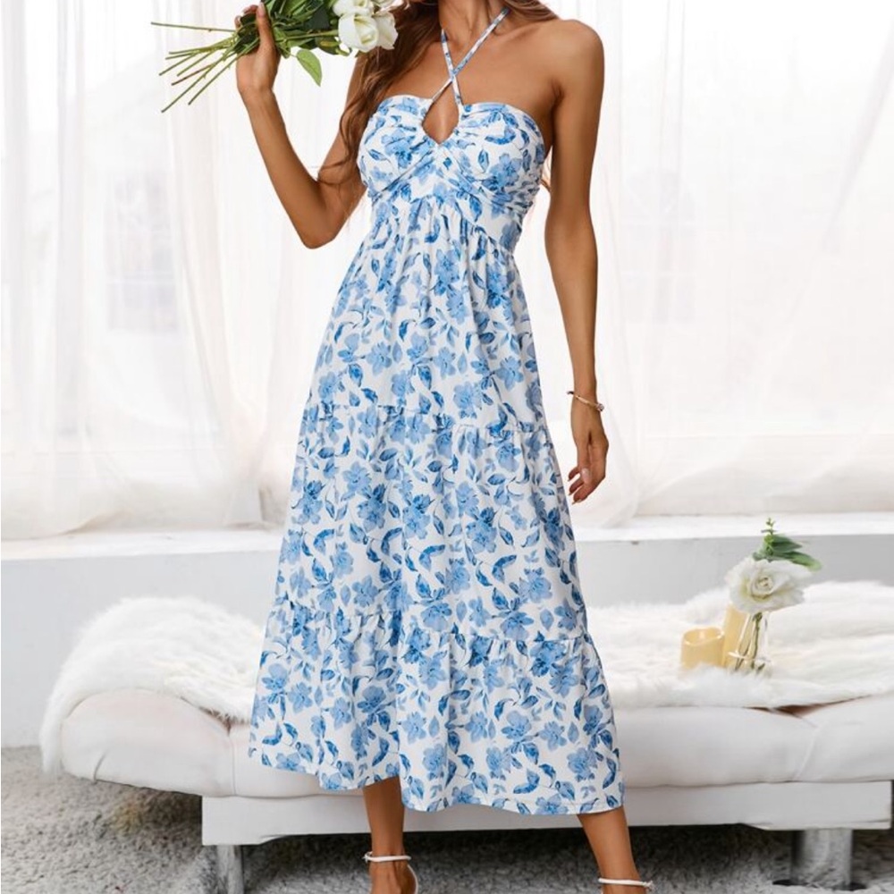 Floral Halter Maxi Dress - Blue and White